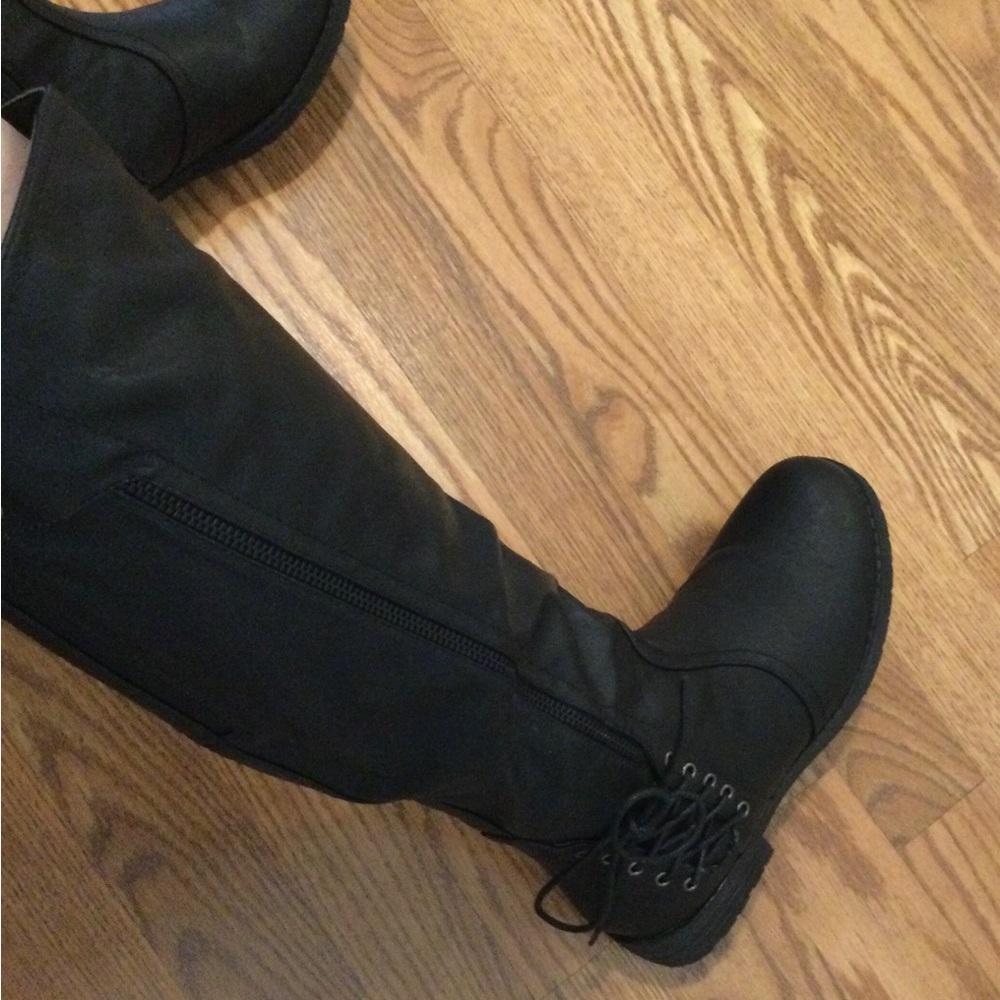 Black Faux Leather Knee Boots - Picture 2 of 9